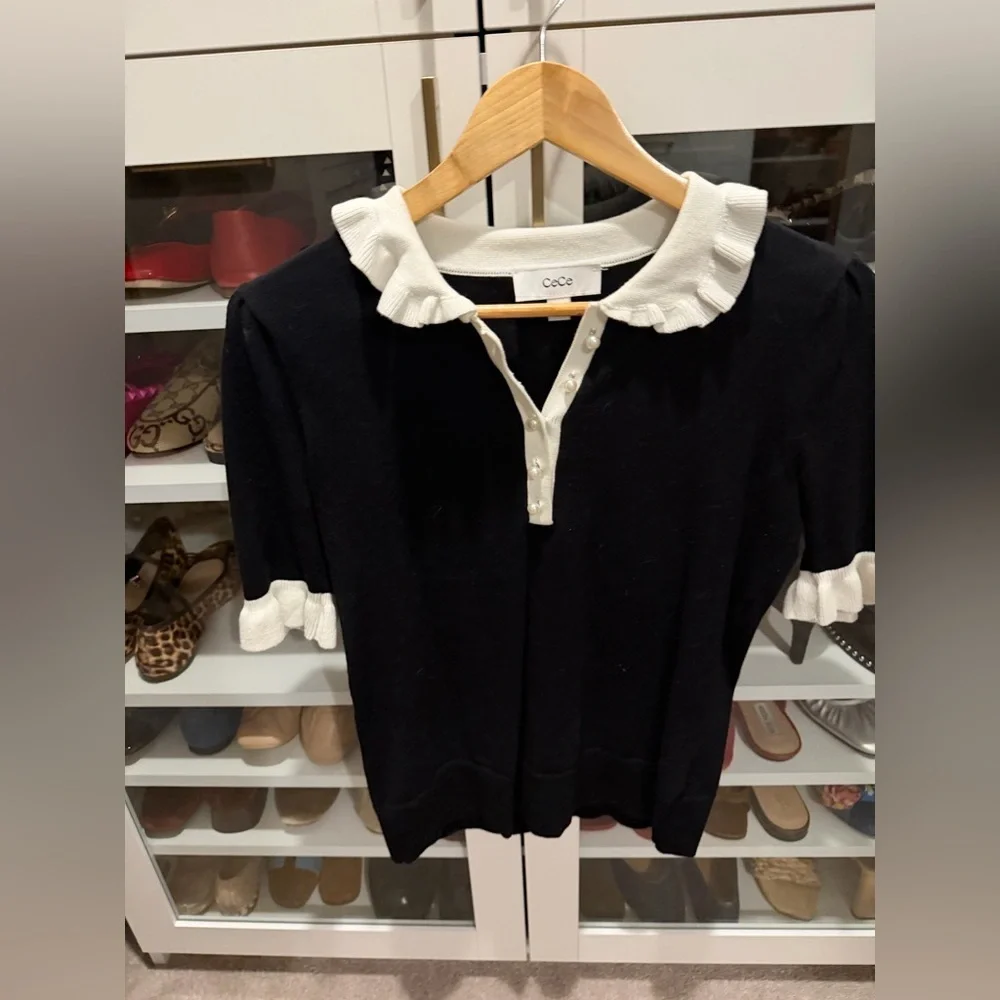 CeCe Black Top with White Ruffle Details - Picture 3 of 6
